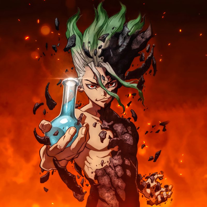 Forum avatar/pfp of Senku Ishigami from the anime Dr. Stone, holding a glowing flask as rock fragments and flames swirl around him.