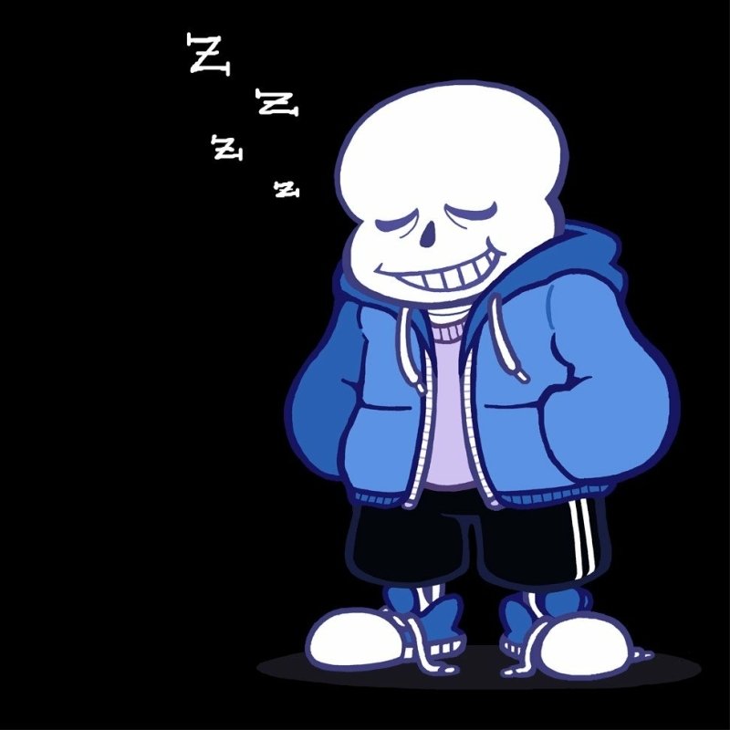 Forum avatar of Sans from the video game Undertale: cartoon skeleton in a blue hoodie and shorts, smiling with eyes closed and small Z sleep marks on a black background.