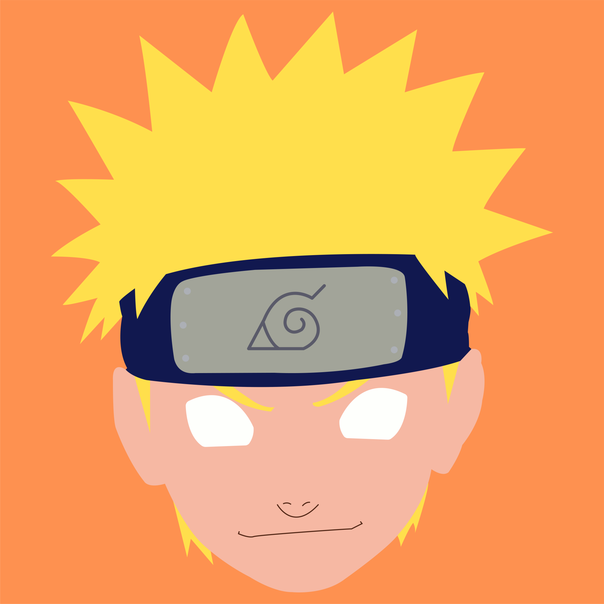 Minimalist forum avatar of Naruto Uzumaki: headshot with spiky blond hair, Konoha forehead protector and pale eyes set against an orange background.