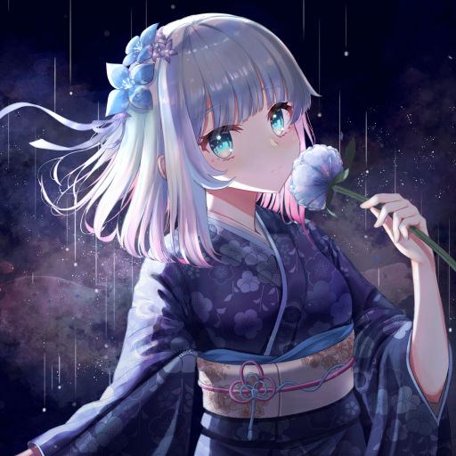 Anime girl with pastel-colored hair and bright blue eyes, wearing a dark kimono and holding a white flower, set against a softly glowing, rainy night background.