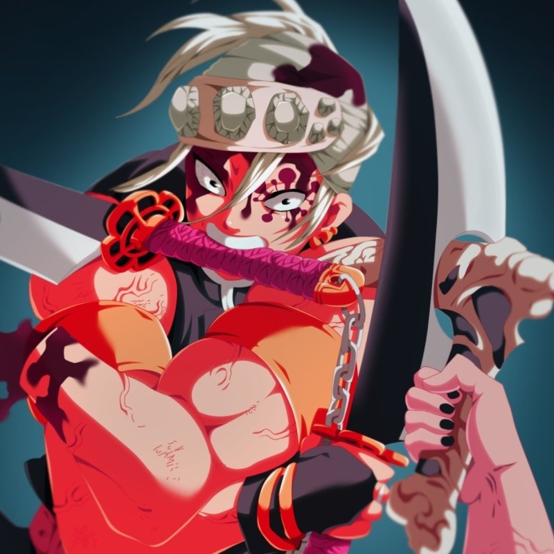 Anime forum avatar/pfp from Demon Slayer: Kimetsu no Yaiba — fierce tattooed swordsman with a headband, gripping a purple-wrapped katana and baring a determined grin.