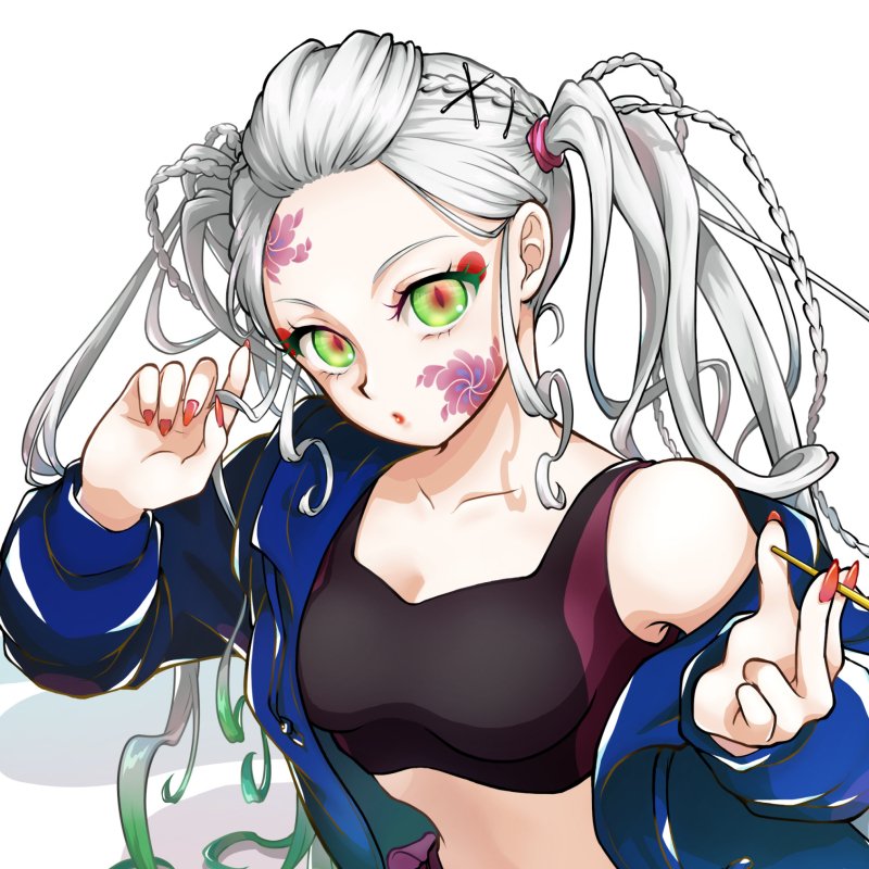 Forum avatar of Daki from Demon Slayer (Kimetsu no Yaiba): anime-style portrait with white twin-tail hair, green eyes, floral facial markings, black crop top and blue jacket.
