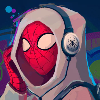 Comic-style Spider-Man wearing a hoodie and headphones against a colorful graffiti background — forum avatar/pfp/profile photo.