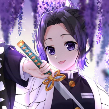 Forum avatar/pfp/profile photo of Shinobu Kochou from Demon Slayer: Kimetsu no Yaiba — anime-style portrait with purple eyes, wisteria blossoms and her katana.