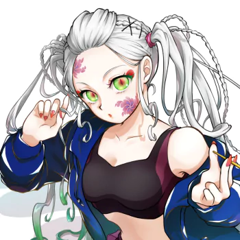 Forum avatar of Daki from Demon Slayer (Kimetsu no Yaiba): anime-style portrait with white twin-tail hair, green eyes, floral facial markings, black crop top and blue jacket.
