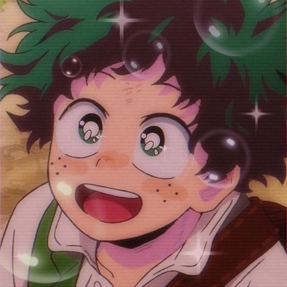 Smiling anime pfp of Izuku Midoriya from My Hero Academia — close-up with green hair, freckled cheeks and sparkles.