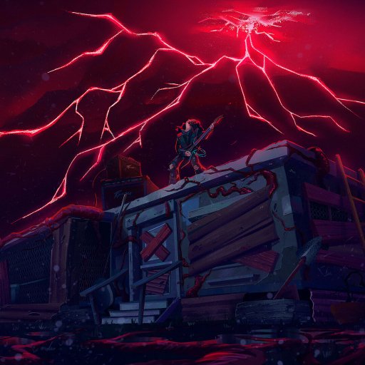 Avatar of Eddie Munson (Stranger Things): guitar-wielding figure on a wrecked rooftop beneath a blood-red sky streaked with crackling lightning.