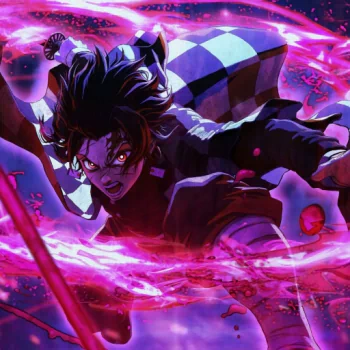 Forum avatar of Tanjiro Kamado from Demon Slayer: Kimetsu no Yaiba, lunging with fierce gaze, checkerboard haori and swirling pink–purple sword energy.