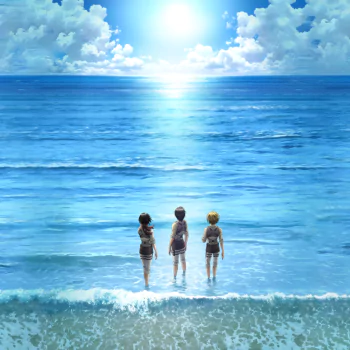 Anime Attack on Titan forum avatar/pfp: three Survey Corps figures stand waist-deep, backs to viewer, looking out across a bright, sunlit ocean toward the distant horizon.