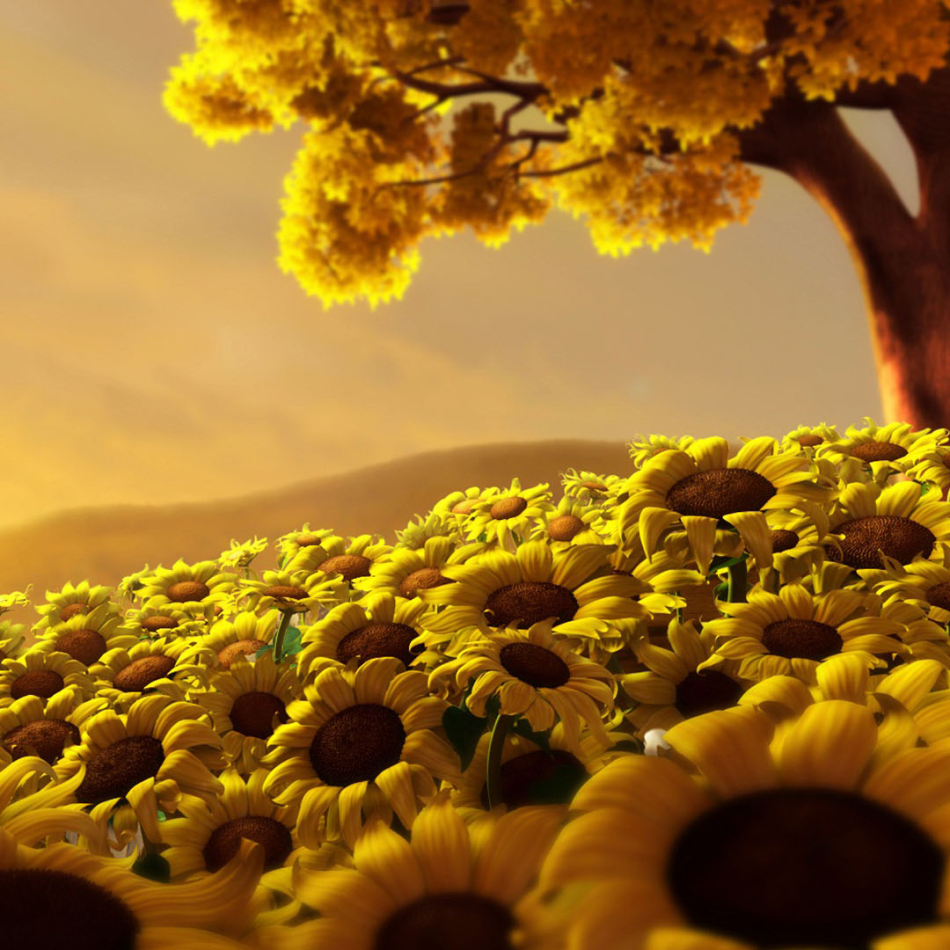 Meadow of Sunflowers Beneath a Golden Yellow Tree