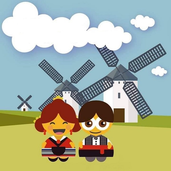 Albacete couple in front of three windmills from La Mancha