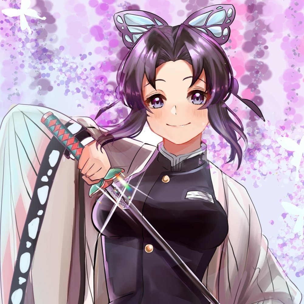 Forum avatar of Shinobu Kochou from Demon Slayer: Kimetsu no Yaiba — smiling, holding a sword with a butterfly hairpin, set against a purple floral background.