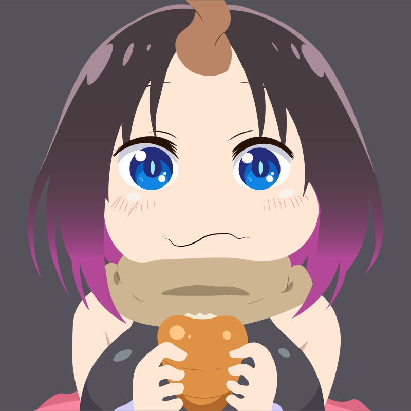 Chibi Elma (Miss Kobayashi's Dragon Maid) anime forum avatar — blue-eyed, purple-ombre hair, cozy scarf, holding a small pastry.