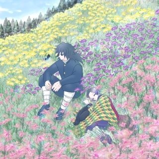 Forum avatar of Giyuu Tomioka and Shinobu Kochou (GiyuShino) from Demon Slayer: Kimetsu no Yaiba, relaxing together in a pastel wildflower meadow.