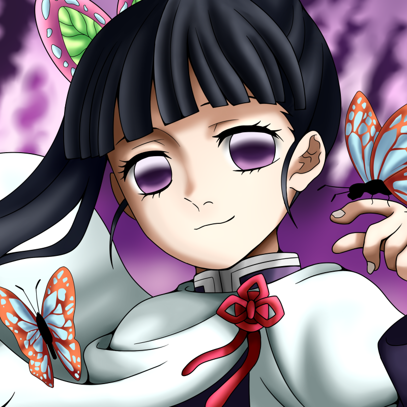 Forum avatar of Kanao Tsuyuri from Demon Slayer: close-up anime portrait with black hair, violet eyes, a white cloak and butterflies on a purple background.