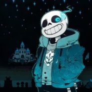 Forum avatar of Sans from Undertale: grinning skeleton in a blue hoodie against a starry night with a distant castle — video game profile picture.