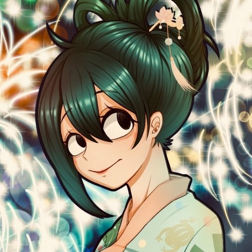 Forum avatar of Tsuyu Asui (My Hero Academia): anime portrait with green hair in a bun, hairpin, light kimono, gentle smile against a glowing bokeh background.