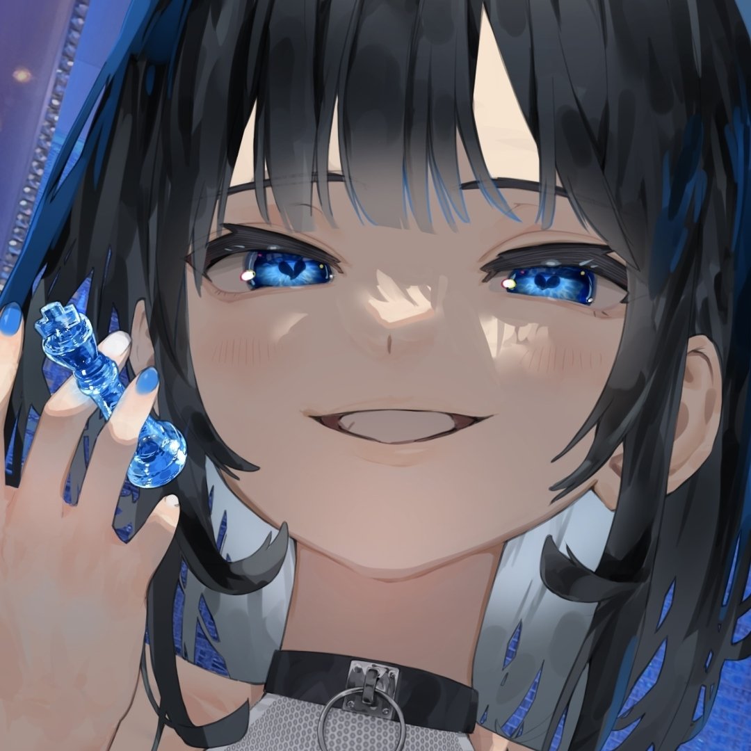 Close-up anime girl with dark hair and vibrant blue eyes holding a blue chess piece, used as a forum avatar/profile picture.