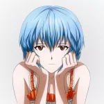 Forum avatar: Rei Ayanami (Neon Genesis Evangelion), close-up with short blue hair and red eyes, resting chin on hands, neutral expression on a pale background.