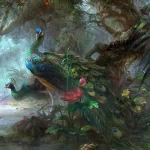 Stylized peacock perched on mossy branches amid flowers in a misty forest — forum avatar/profile photo.