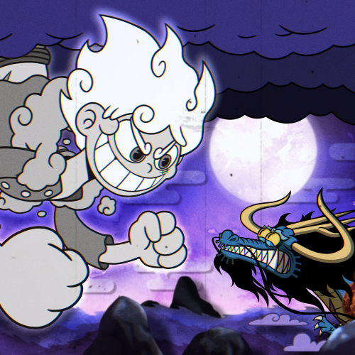 Monkey D. Luffy (Gear 5) avatar — grinning, cloud-like Luffy lunging at a snarling dragon beneath a purple, moonlit sky in One Piece anime style.