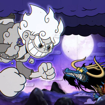 Monkey D. Luffy (Gear 5) avatar — grinning, cloud-like Luffy lunging at a snarling dragon beneath a purple, moonlit sky in One Piece anime style.