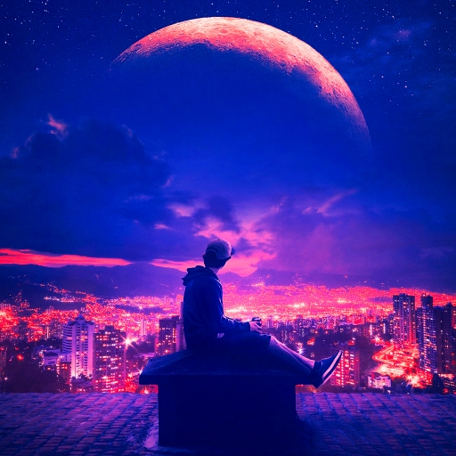 Man Overlooking Planet Rise over City by aronvisuals