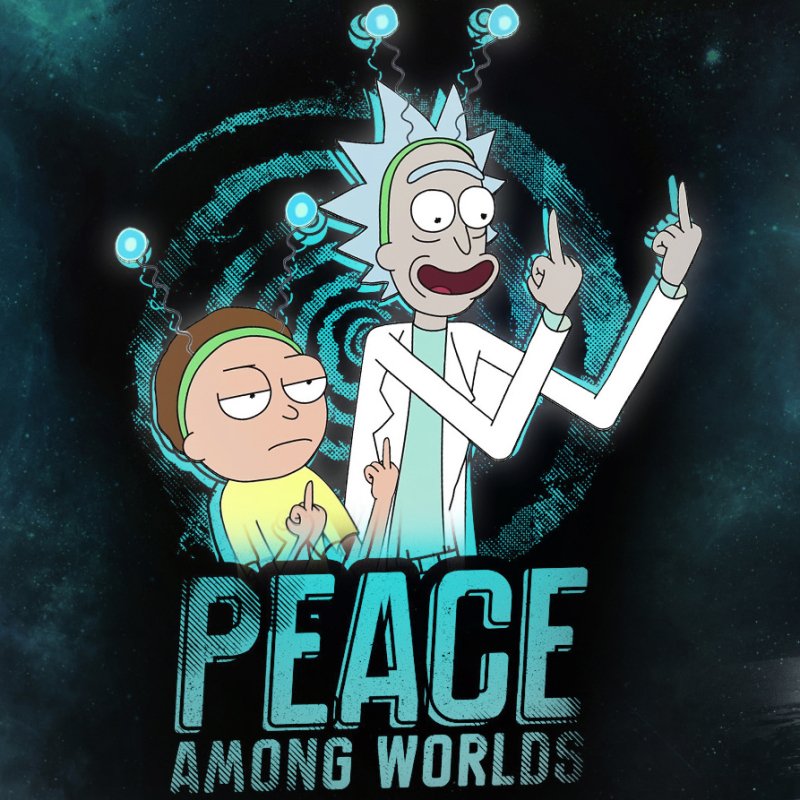 Forum avatar of Rick Sanchez and Morty Smith from the TV show Rick and Morty, both flipping the bird in front of a glowing portal above the caption PEACE AMONG WORLDS.