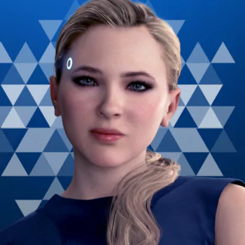 Forum avatar/profile photo of Kara from the video game Detroit: Become Human — close-up of a blonde android with a circular temple LED against a blue triangle-patterned background.