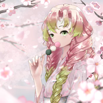 Forum avatar of Mitsuri Kanroji from Demon Slayer: Kimetsu no Yaiba — anime-style portrait of her pink-and-green braided hair, eating dango among cherry blossoms.