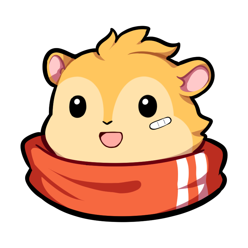 Cartoon hamster avatar from Omega Strikers wearing a red scarf, ideal for profile picture use.