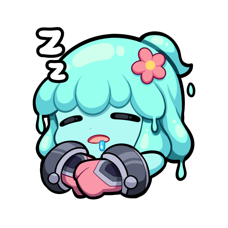 Omega Strikers avatar featuring a cute, sleeping cartoon character with blue hair, a flower adornment, and headphones.