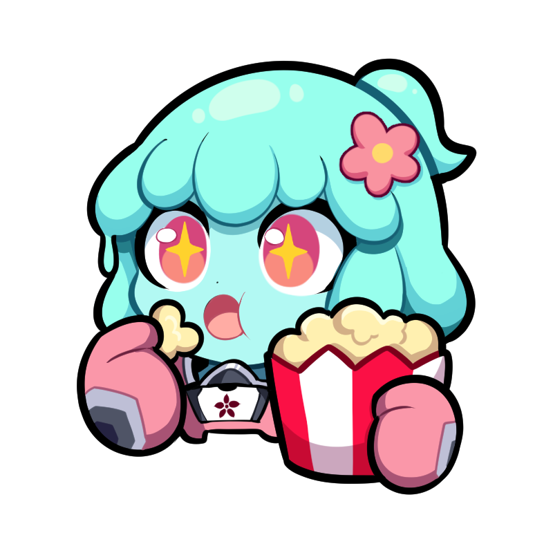 A colorful and cute Omega Strikers avatar featuring a character with blue hair and starry eyes holding a popcorn box.