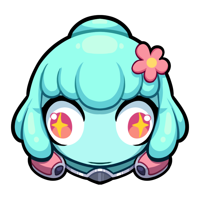Avatar of a cute, blue-haired character with starry eyes and a pink flower accessory from Omega Strikers, ideal for profile picture use.