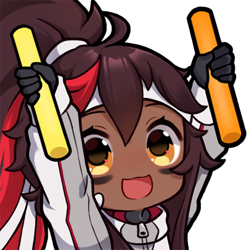 Animated avatar from Omega Strikers game featuring a cheerful character with brown hair, holding yellow batons and wearing a white and red outfit.