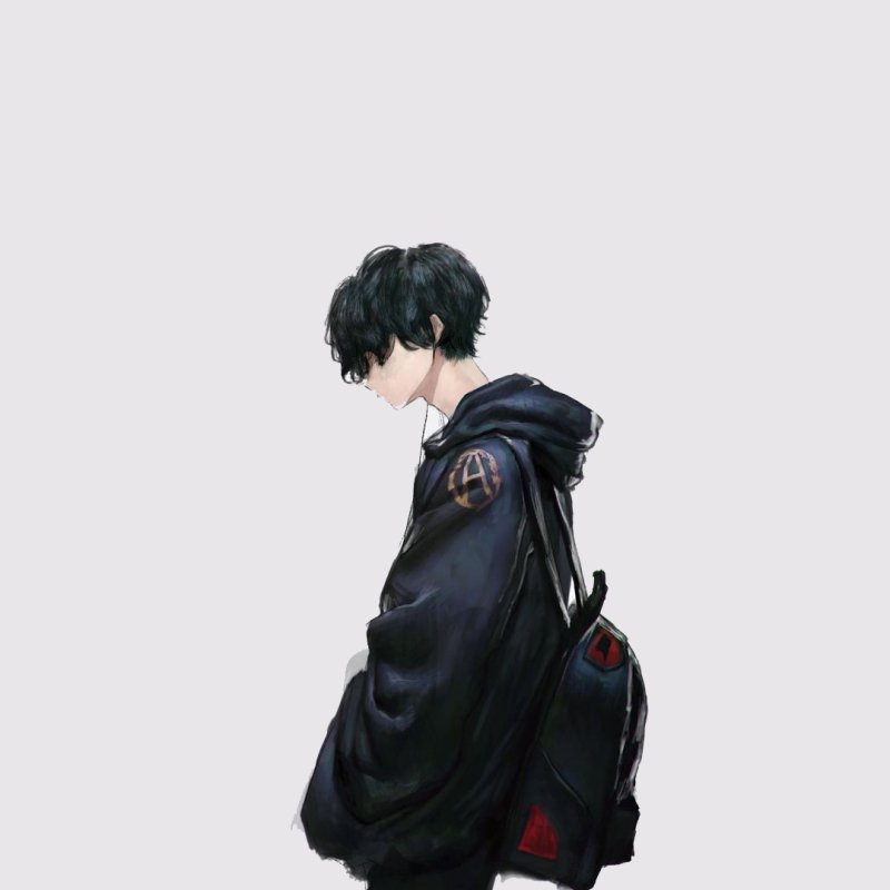 Side-profile anime boy forum avatar: dark-haired youth in an oversized hoodie with a backpack on a pale background, minimalist anime-style profile photo.