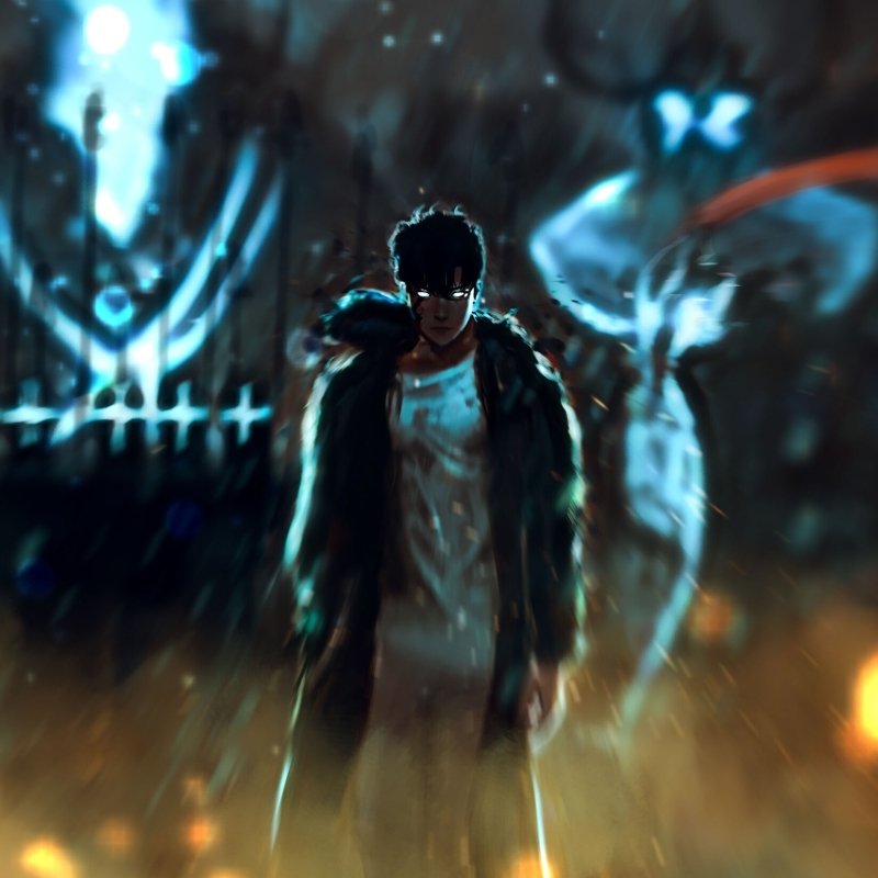 PFP of Sung Jin-Woo from Solo Leveling: shadowed anime protagonist in a long coat, flanked by glowing spectral wings and looming dark figures, blue-black mist and drifting embers.