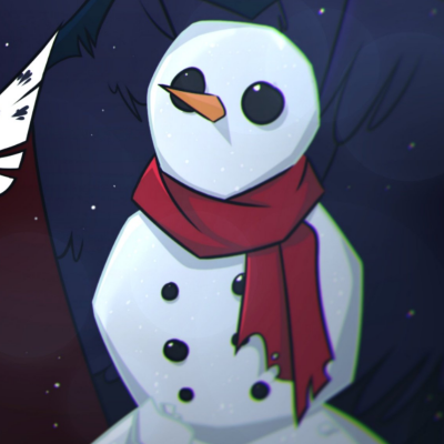 Forum avatar/pfp of a snowman character from the TV show Helluva Boss, with round black eyes, a carrot nose and a red scarf against a dark, star-speckled background.