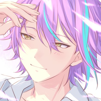 Close-up anime boy forum avatar with lavender hair and teal streaks, golden eyes and a soft smile, hand lifted to forehead, bathed in warm pastel light.