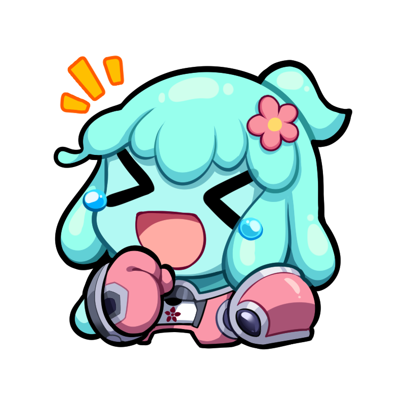 Colorful Omega Strikers avatar featuring a cute, teal-haired character with a flower in their hair, holding game controllers and expressing excitement.