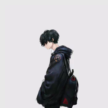 Side-profile anime boy forum avatar: dark-haired youth in an oversized hoodie with a backpack on a pale background, minimalist anime-style profile photo.