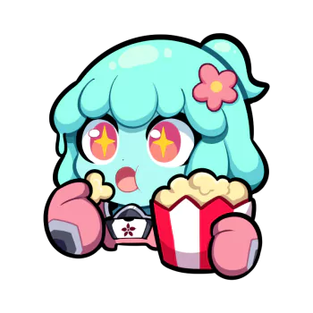 A colorful and cute Omega Strikers avatar featuring a character with blue hair and starry eyes holding a popcorn box.