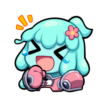 Colorful Omega Strikers avatar featuring a cute, teal-haired character with a flower in their hair, holding game controllers and expressing excitement.