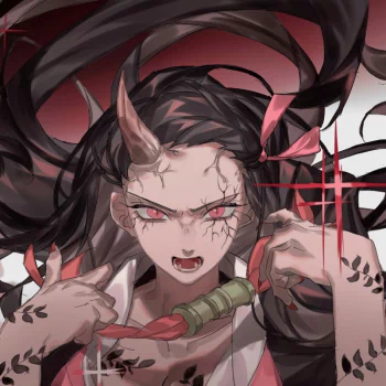 Forum avatar of Nezuko Kamado (Anime, Demon Slayer: Kimetsu no Yaiba) — enraged, horned, red-eyed anime portrait with cracked veins, fanged snarl, bamboo muzzle and dark flowing hair.