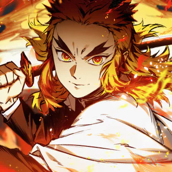 Forum avatar of Kyojuro Rengoku (Demon Slayer: Kimetsu no Yaiba) — fiery-haired Flame Hashira gripping his sword, intense amber eyes and flames swirling around him.