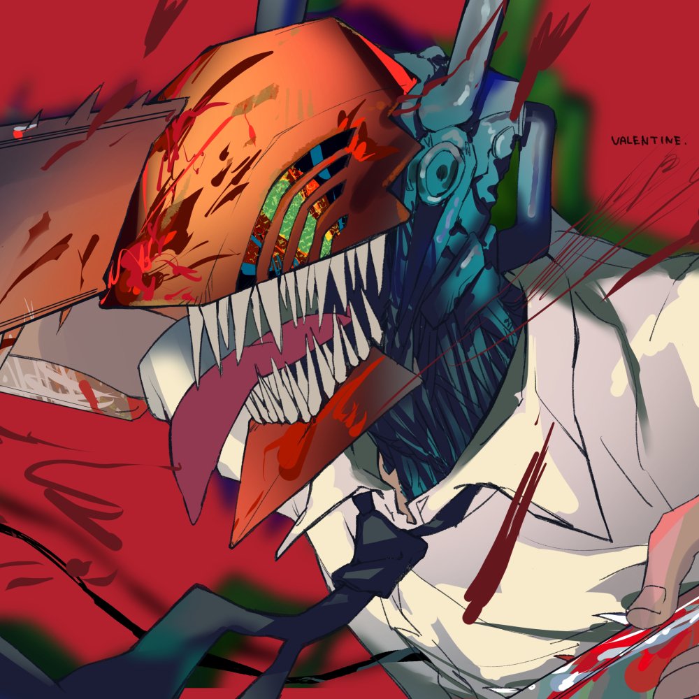 Anime forum avatar/pfp of Denji (Chainsaw Man) in his chainsaw-headed form, blood-splattered shirt and tie against a red background.