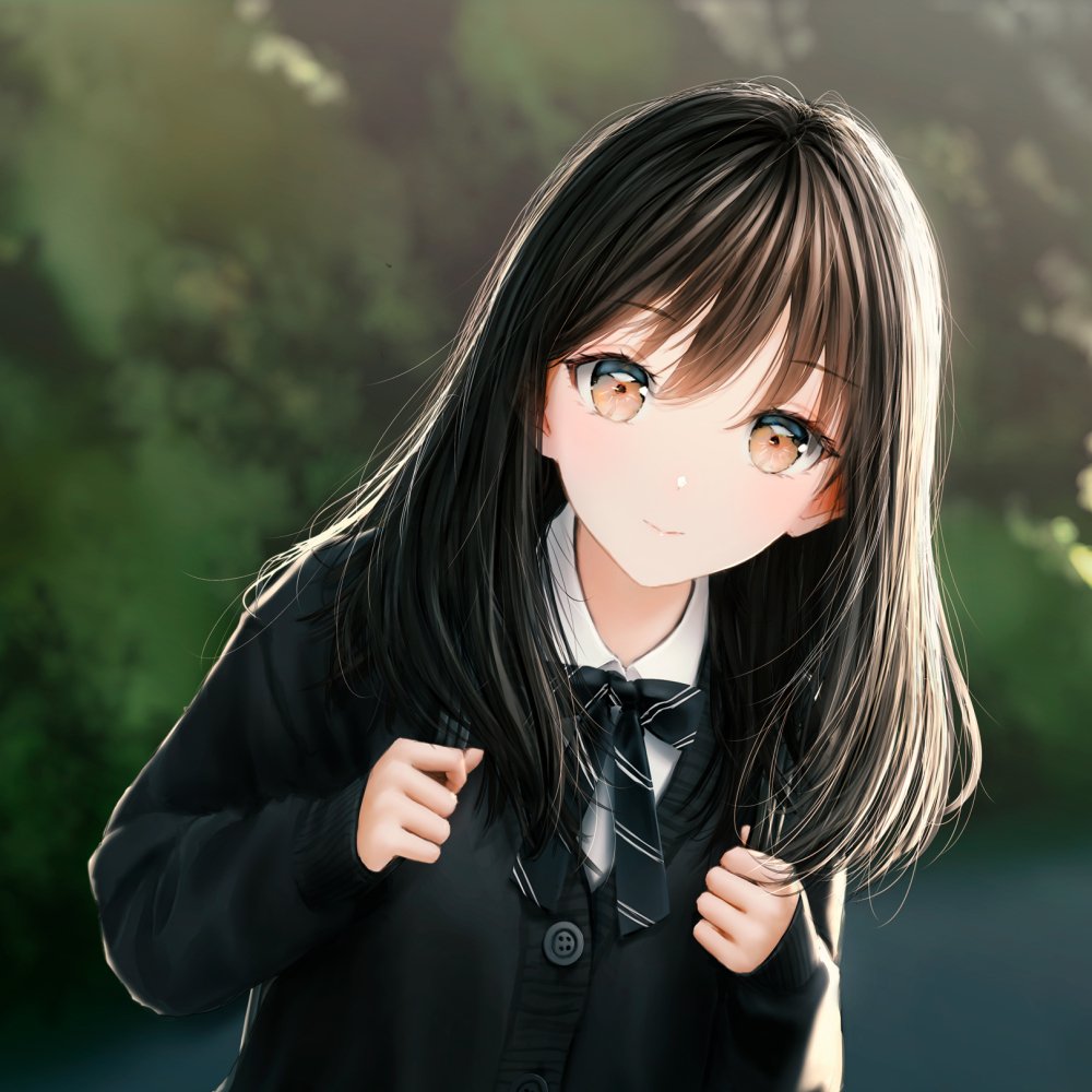 Anime-style portrait of a girl with long dark hair and warm amber eyes, wearing a black school uniform and ribbon, set against a blurred natural background for a forum avatar.