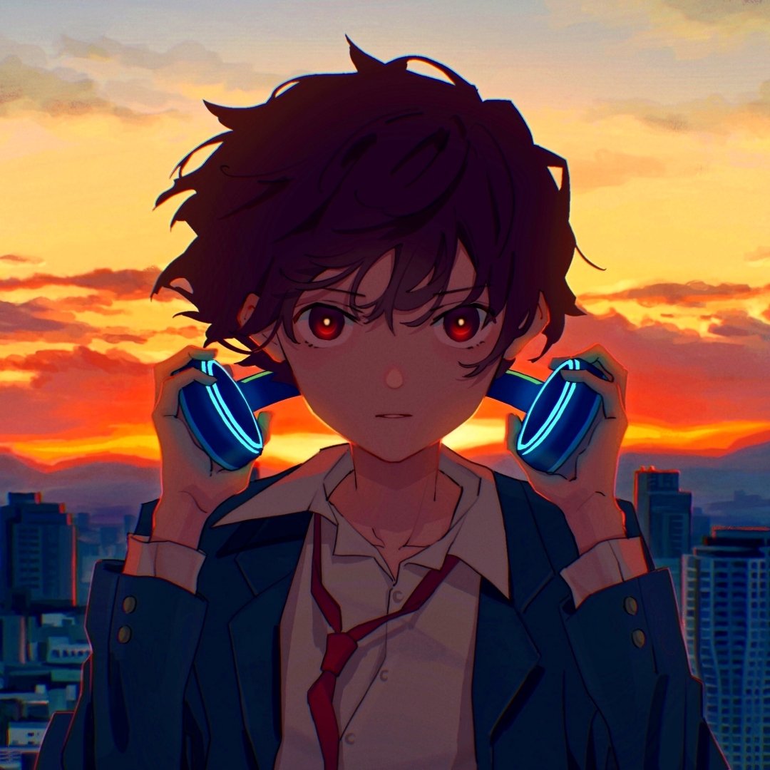 Anime boy with dark hair and glowing blue headphones stands against a vibrant sunset cityscape, creating a striking and atmospheric forum avatar.