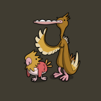 Forum avatar/pfp featuring stylized Pokémon bird duo: a small round chick and a tall long‑necked bird with an open beak on a dark background.