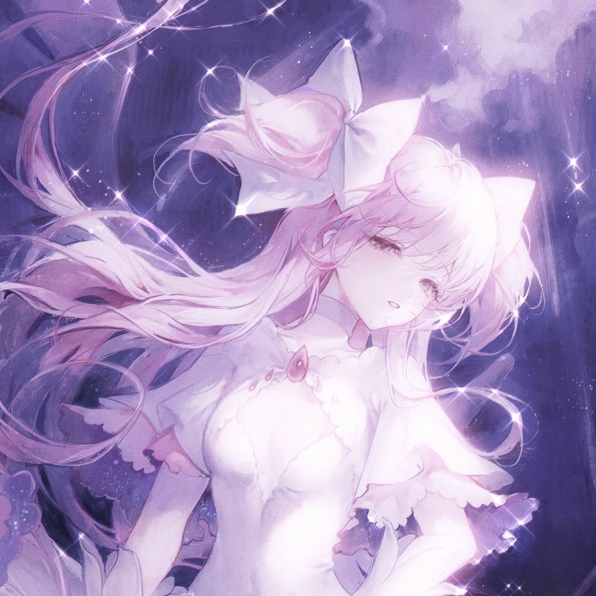 Forum avatar: Puella Magi Madoka Magica fan art of an ethereal pink‑haired magical girl in a white frilled dress, eyes half-closed as she floats amid stars and soft purple light.